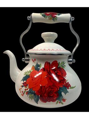 Vintage-Inspired Floral Enamel Tea Kettle With Handle & Lid Red & White 2L Capac